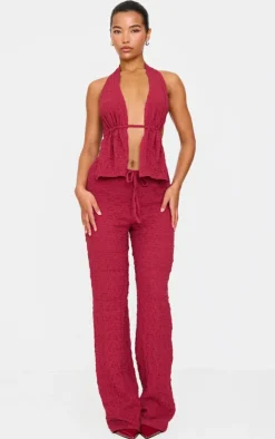 Clearance PrettyLittleThing Wide Leg Textured Pants Burgundy