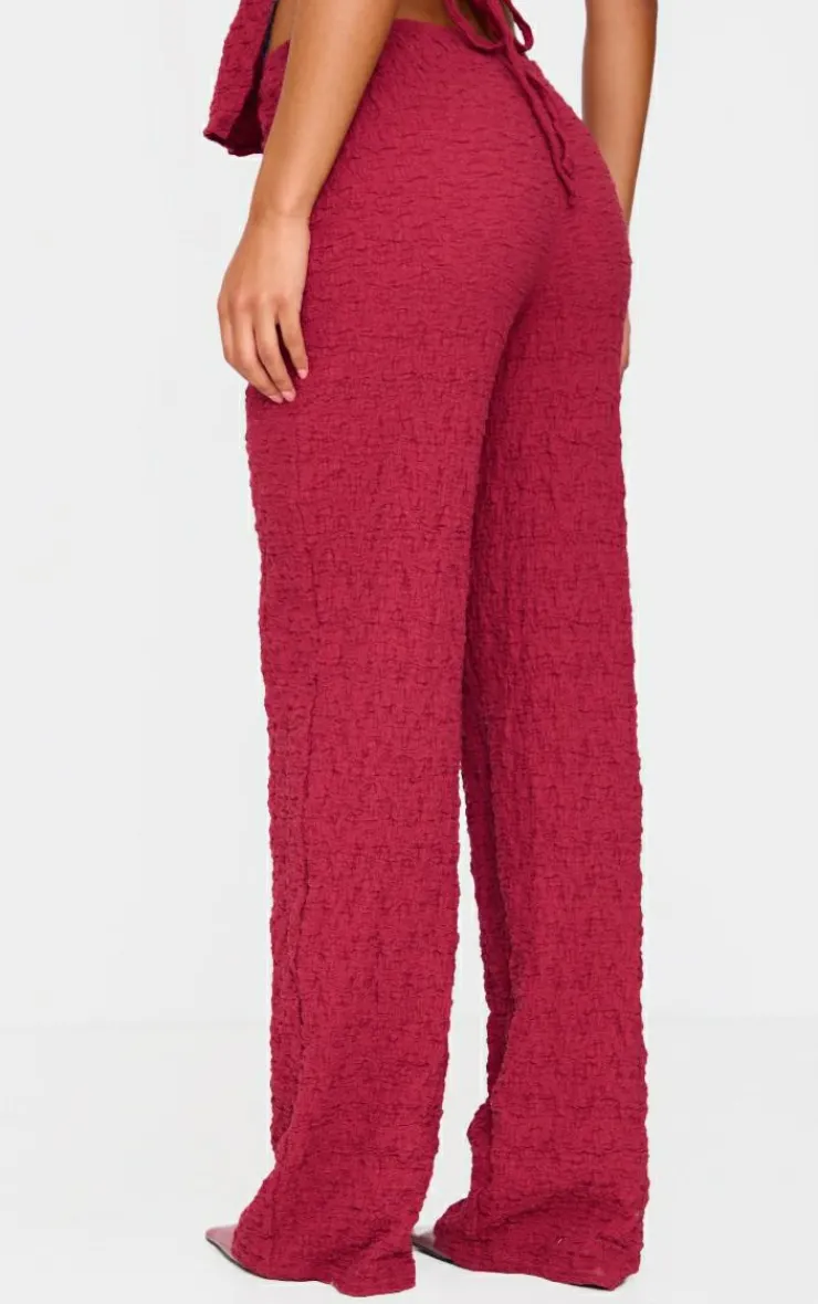 Clearance PrettyLittleThing Wide Leg Textured Pants Burgundy