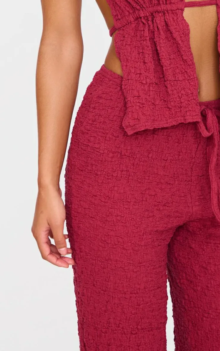 Clearance PrettyLittleThing Wide Leg Textured Pants Burgundy