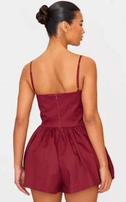Burgundy Woven Dipped Waist Strappy Romper