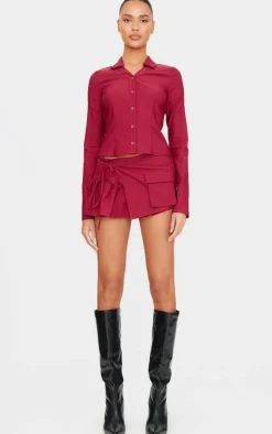 New PrettyLittleThing Woven Frill Cargo Detail Skort Burgundy