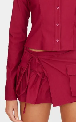 New PrettyLittleThing Woven Frill Cargo Detail Skort Burgundy