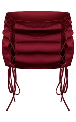 PrettyLittleThing Woven Lace Up Mini Skirt Burgundy