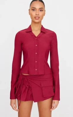 New PrettyLittleThing Woven Long Sleeve Cargo Detail Shirt Burgundy