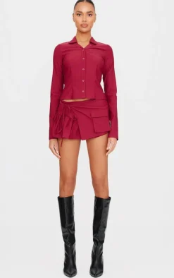 New PrettyLittleThing Woven Long Sleeve Cargo Detail Shirt Burgundy
