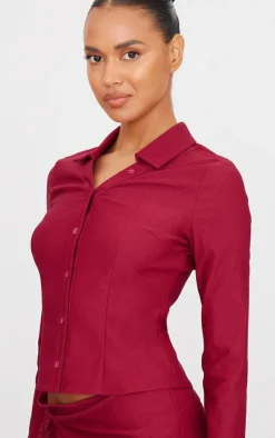 New PrettyLittleThing Woven Long Sleeve Cargo Detail Shirt Burgundy