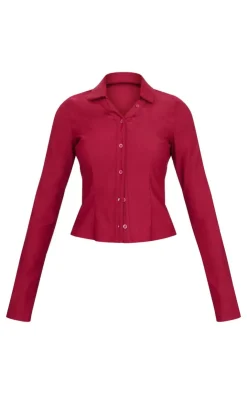 New PrettyLittleThing Woven Long Sleeve Cargo Detail Shirt Burgundy