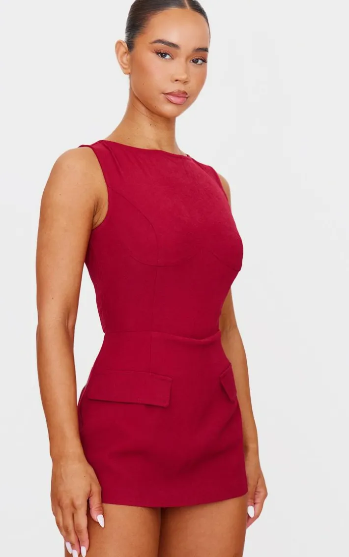 Burgundy Woven Pocket Detail Sleeveless Skort Romper