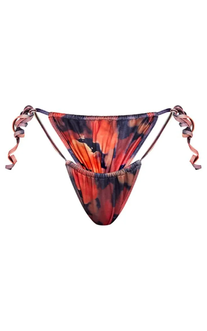 Burnt Orange Blurred Floral Print Tie Side Bikini Bottoms
