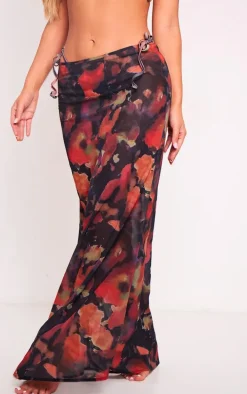 Burnt Orange Blurred Floral Print Mesh Fishtail Maxi Skirt