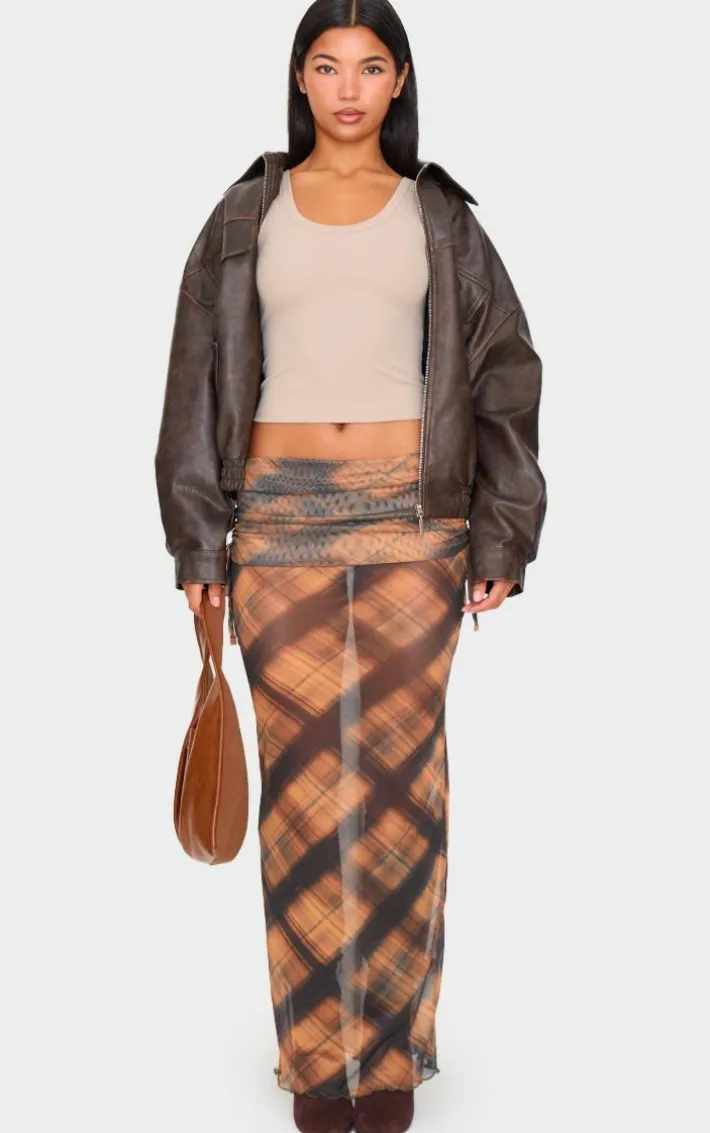 Burnt Orange Check Print Fold Over Waistband Maxi Skirt