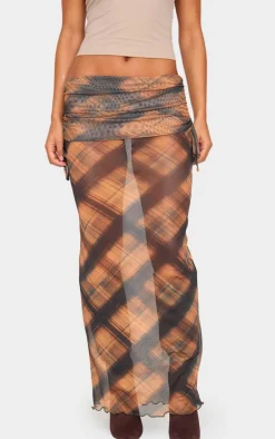 Burnt Orange Check Print Fold Over Waistband Maxi Skirt