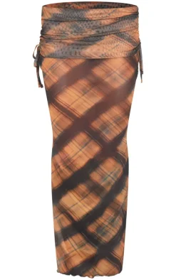 Burnt Orange Check Print Fold Over Waistband Maxi Skirt