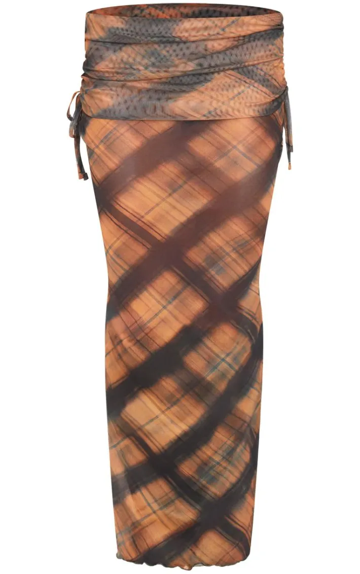 Burnt Orange Check Print Fold Over Waistband Maxi Skirt
