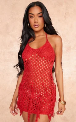Crochet Tassel Halterneck Mini Dress-PrettyLittleThing Online