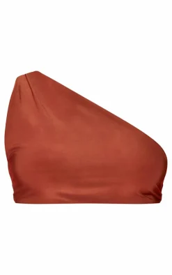 Hot PrettyLittleThing Double Layer Slinky Ruched Asymmetrical Crop Top Burnt Orange