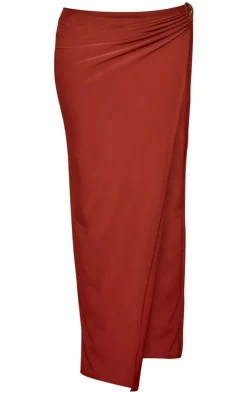 Online PrettyLittleThing Double Layer Slinky Ruched Asymmetrical Maxi Skirt Burnt Orange