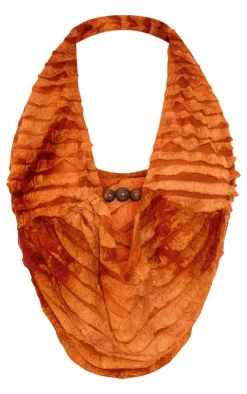 New PrettyLittleThing Frayed Textured Halterneck Cowl Crop Top Burnt Orange