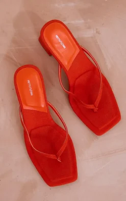 PrettyLittleThing Mules*Linen Look Square Toe Thong Block Heeled Mules