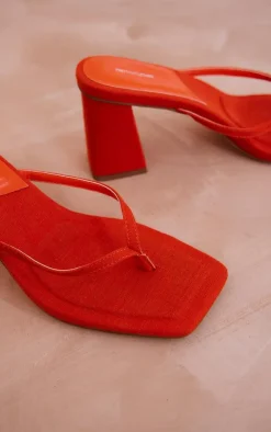 PrettyLittleThing Mules*Linen Look Square Toe Thong Block Heeled Mules