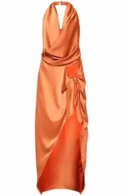 Burnt Orange Satin Extreme Cowl Ruched Front Maxi Dress-PrettyLittleThing Outlet