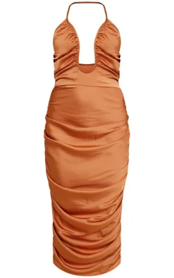 Satin Plunge Ruched Midaxi Dress-PrettyLittleThing New