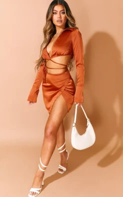 Sale PrettyLittleThing Satin Tie Wrap Crop Top Burnt Orange