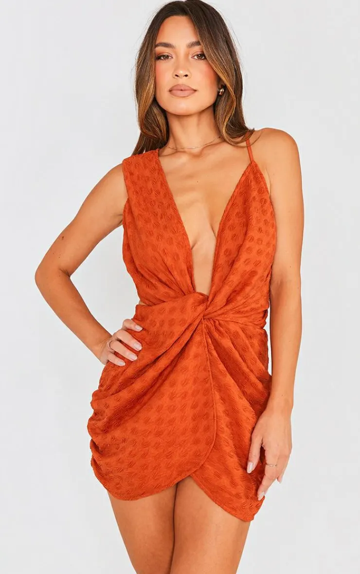 Textured Plunge Knot Detail Bodycon Dress-PrettyLittleThing New