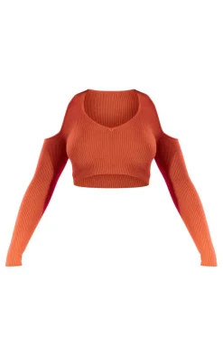 Online PrettyLittleThing Two Tone Knit Cut Out Shoulder Top Burnt Orange