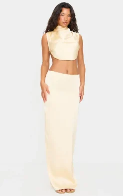 Best PrettyLittleThing Satin Mid Rise Maxi Skirt Butter Cream