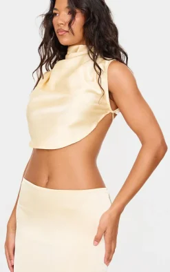 Clearance PrettyLittleThing Satin Tie Side High Neck Cowl Crop Top Butter Cream