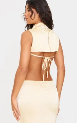 Clearance PrettyLittleThing Satin Tie Side High Neck Cowl Crop Top Butter Cream
