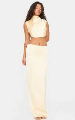 Clearance PrettyLittleThing Satin Tie Side High Neck Cowl Crop Top Butter Cream