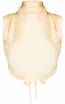 Clearance PrettyLittleThing Satin Tie Side High Neck Cowl Crop Top Butter Cream