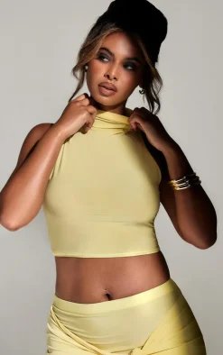 New PrettyLittleThing Slinky Funnel Neck Crop Top Butter Cream