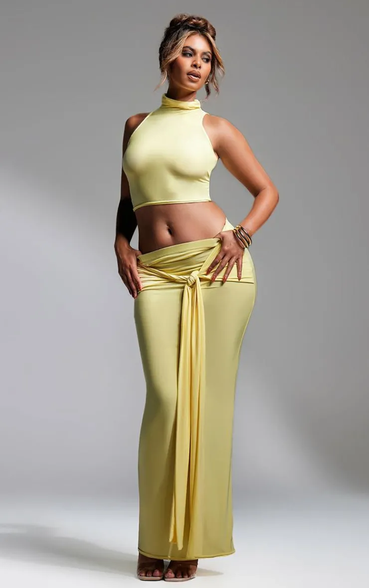 Sale PrettyLittleThing Slinky Tie Detail Maxi Skirt Butter Cream