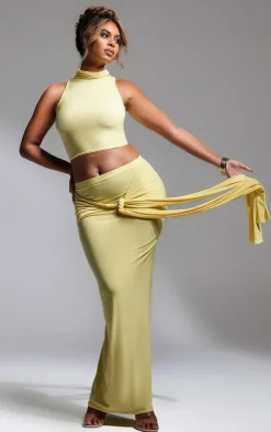 Sale PrettyLittleThing Slinky Tie Detail Maxi Skirt Butter Cream