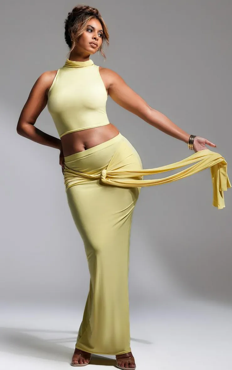 Sale PrettyLittleThing Slinky Tie Detail Maxi Skirt Butter Cream