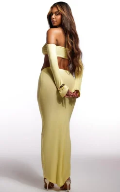 Best PrettyLittleThing Slinky Twist Front Long Sleeve Bardot Top Butter Cream