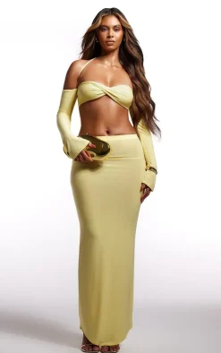 Best PrettyLittleThing Slinky Twist Front Long Sleeve Bardot Top Butter Cream