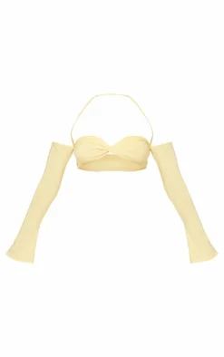 Best PrettyLittleThing Slinky Twist Front Long Sleeve Bardot Top Butter Cream