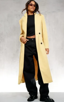 PrettyLittleThing Wool Coats*Butter Yellow Shoulder Padded Double Breasted Brushed Faux Wool Coat