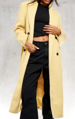 PrettyLittleThing Wool Coats*Butter Yellow Shoulder Padded Double Breasted Brushed Faux Wool Coat