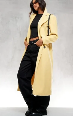 PrettyLittleThing Wool Coats*Butter Yellow Shoulder Padded Double Breasted Brushed Faux Wool Coat