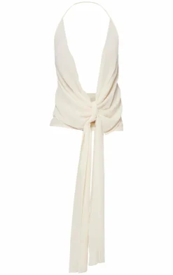 PrettyLittleThing Buttercream Chiffon Draped Tie Detail Halter Neck Long Top Butter Cream