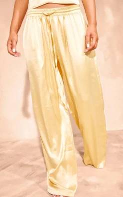 Best PrettyLittleThing Buttercream Satin Drawstring Waist Straight Leg Pants Butter Cream