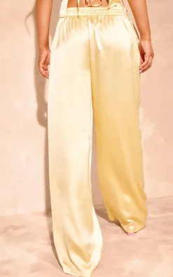 Best PrettyLittleThing Buttercream Satin Drawstring Waist Straight Leg Pants Butter Cream