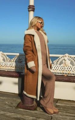 Camel Borg Lined Faux Suede Double Breasted Coat