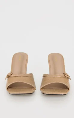 PrettyLittleThing Mules*Croc PU Square Toe Gold Buckle High Stiletto Heeled Mules