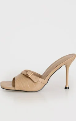 PrettyLittleThing Mules*Croc PU Square Toe Gold Buckle High Stiletto Heeled Mules